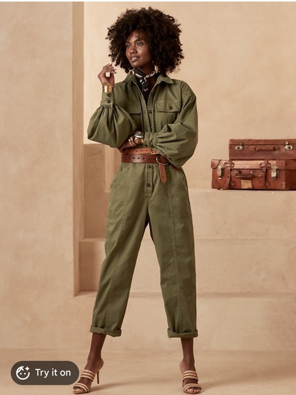 Banana Republic Twill Maxi Olive Utility Balloon-Sleeve Jumpsuit size XS
